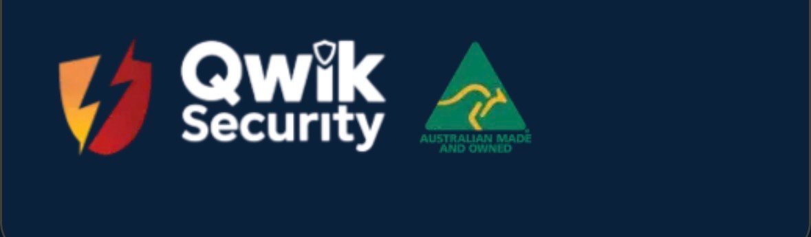 Qwik Security logo with Australian Made and Owned emblem on a blue background