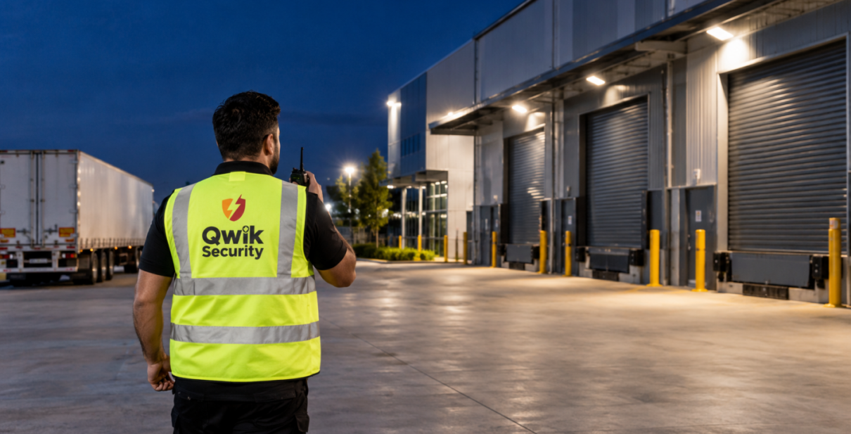 Qwik Security guard protecting a warehouse at night